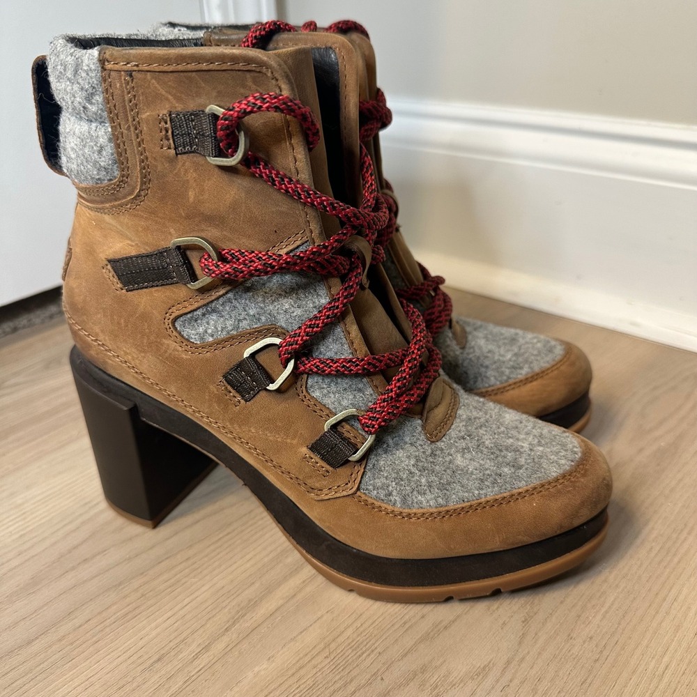 Sorel Women's Blake Lace‎ Up High Heel Booties Size 7.5 Brown Tan Gray Shoes